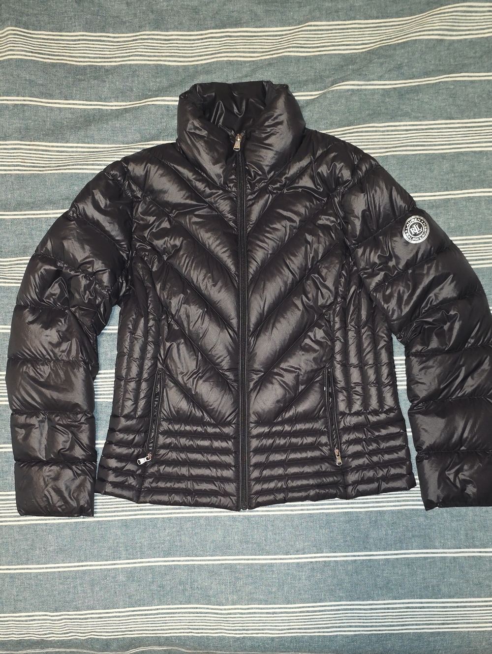 Ralph Lauren Shiny Black Quilted Chevron Down Puffer Jacket